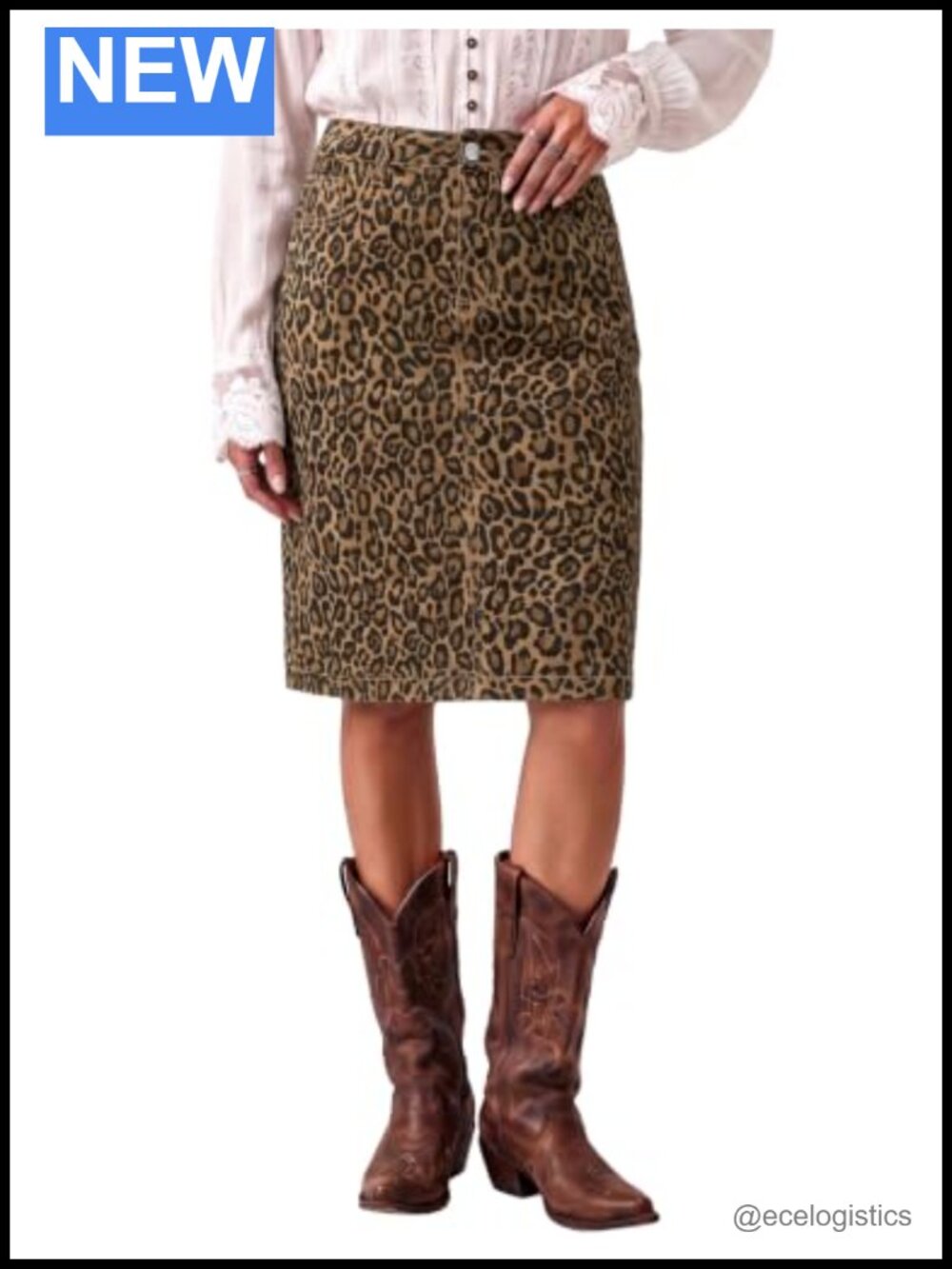 Leopard Midi Skirt Women High Waisted A-Line Denim Jean